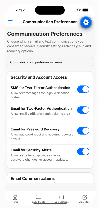 Top portion of the PSMF Pro communication preferences screen